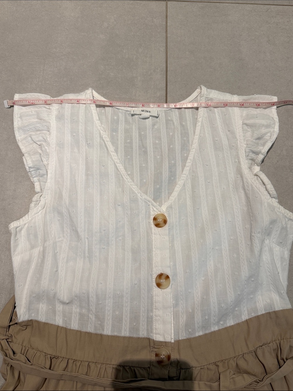 Women medium White & Tan Midi Button-Front Dress with Tie Waist cap sleeve fresh - Picture 9 of 10